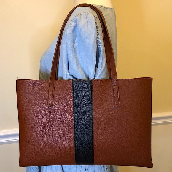 VINCE CAMUTO Tumbled Brown Vegan Leather With Black Stripe Tote Bag Carryall - Picture 11 of 17